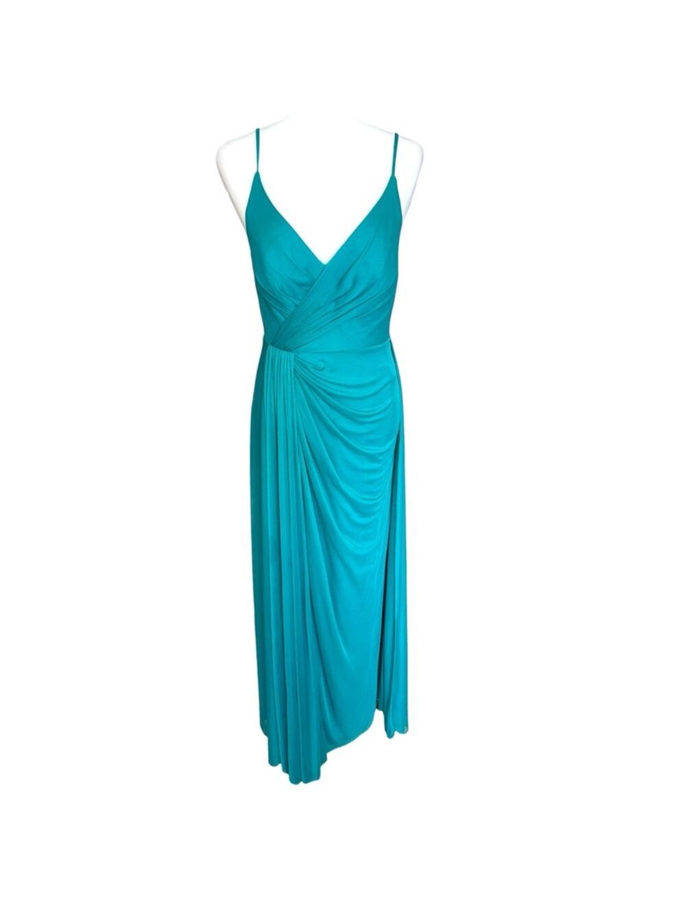 Azazie Size A6 Teal Turquoise Draped V-Neck Formal Gown - Picture 3 of 10